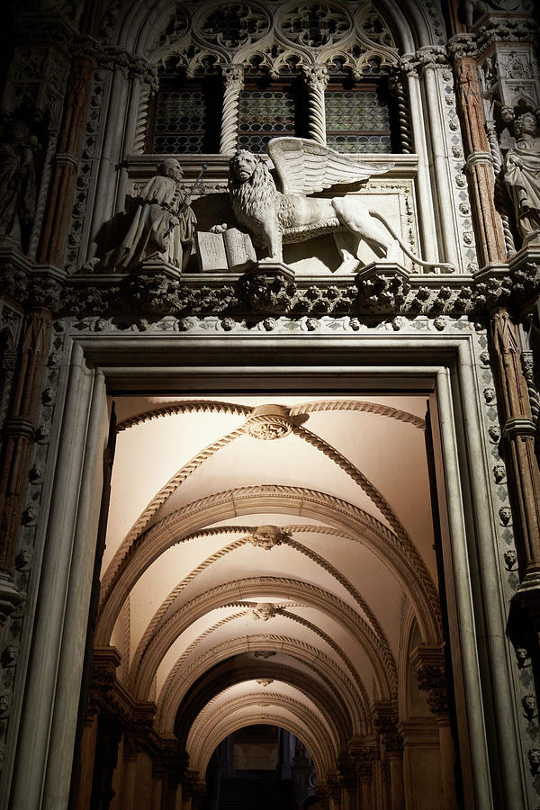 DSC4886 - Doges Palace Door by night, Venice Photograph by Marco Missiaja
