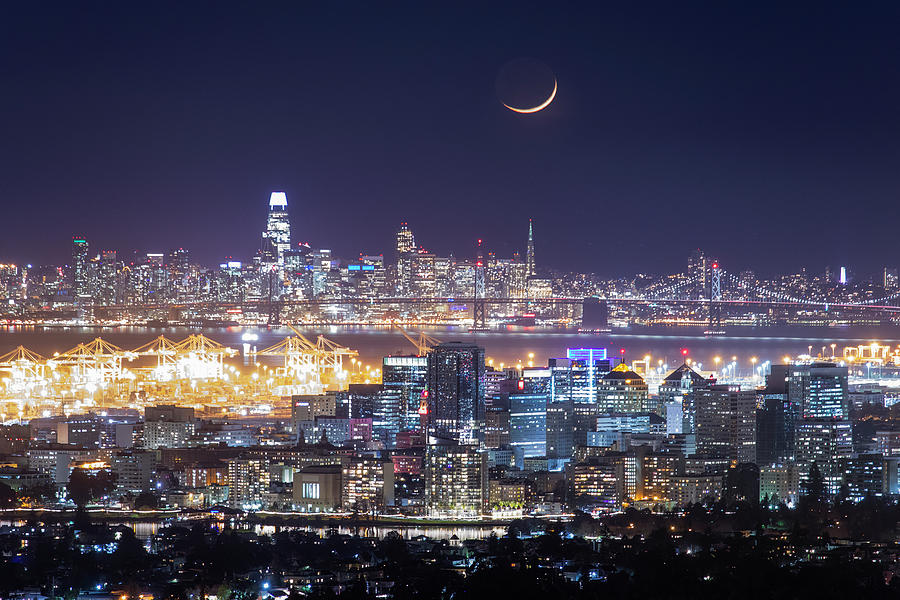Dual Cityscapes and Crescent Moon Photograph by Vincent James