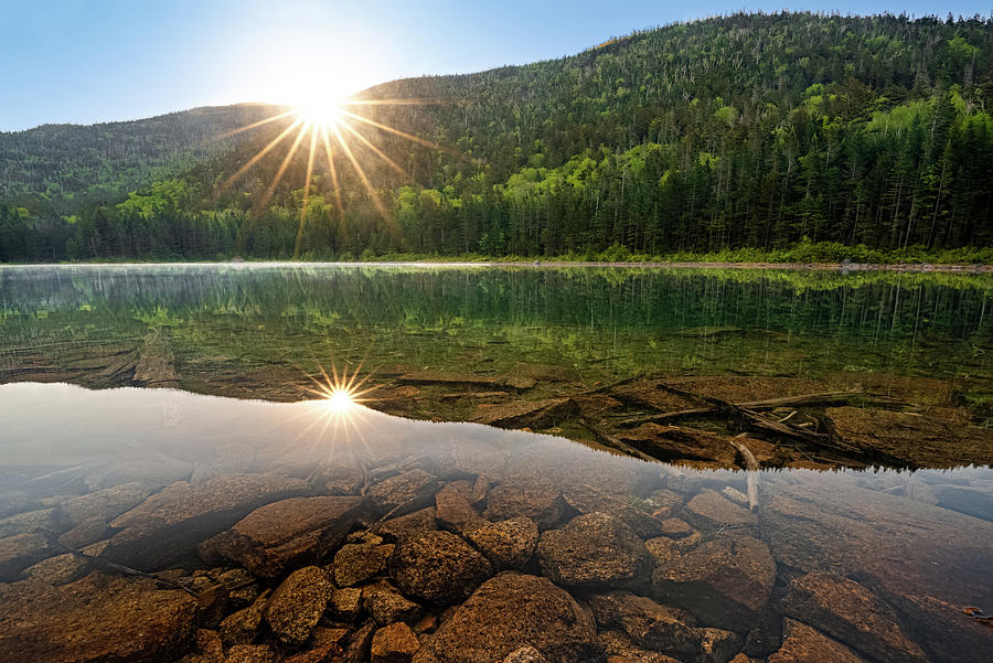 Dual Sunburst Sunrise At East Pond In The White Mountain National Forest Photograph