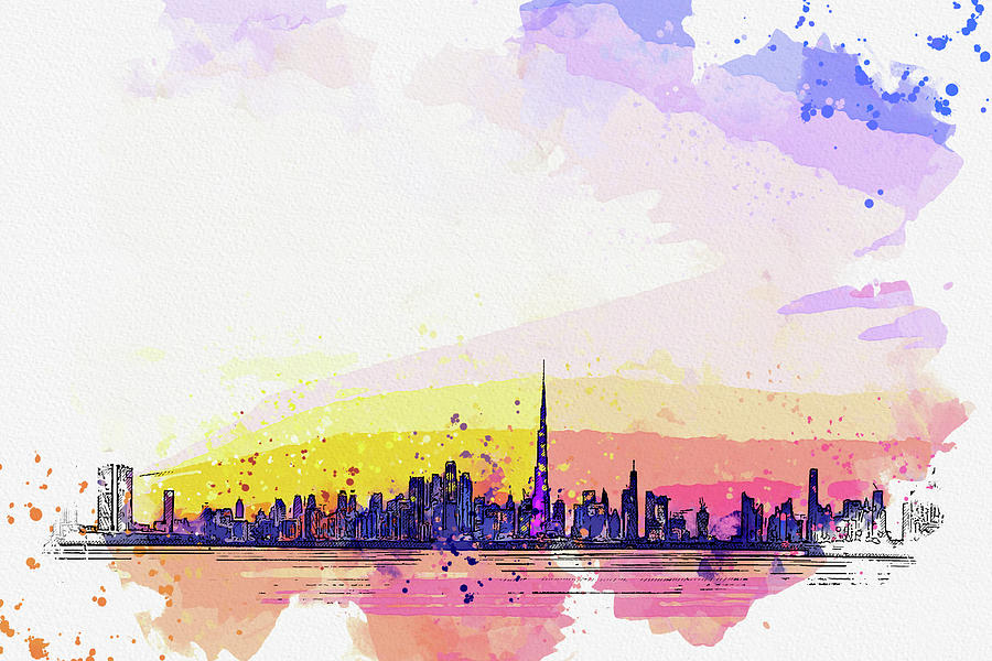 .dubai City Burj Khalifa Skyline Silhouette Cityscape Dusk Painting by ...