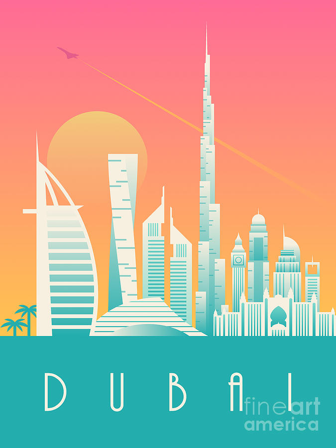 City Digital Art - Dubai City Skyline Retro Art Deco Tourism - Morning by Organic Synthesis