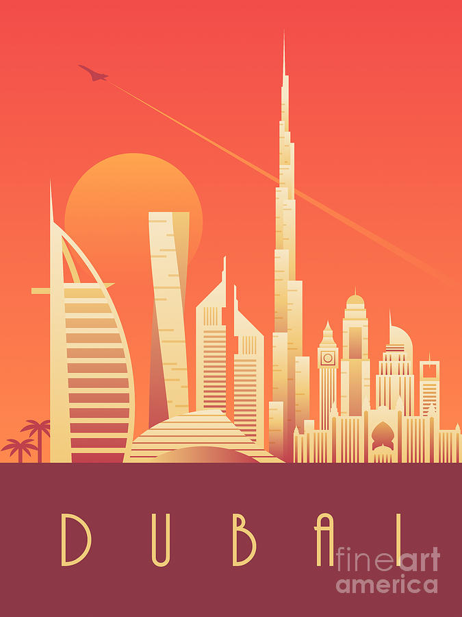 City Digital Art - Dubai City Skyline Retro Art Deco Tourism - Sunset by Organic Synthesis