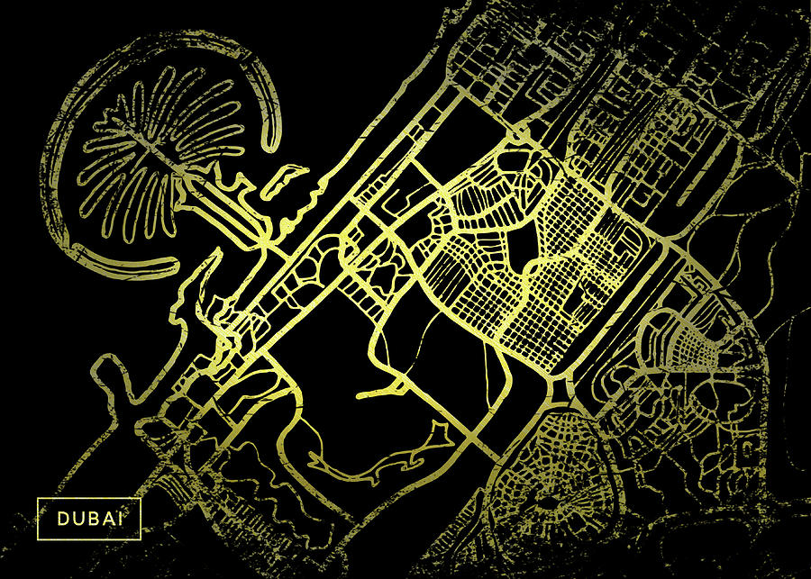 Dubai Map in Gold and Black Digital Art by Sambel Pedes