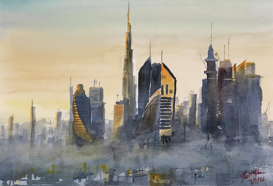 Sunset Painting - Dubai Skyline by James Nyika