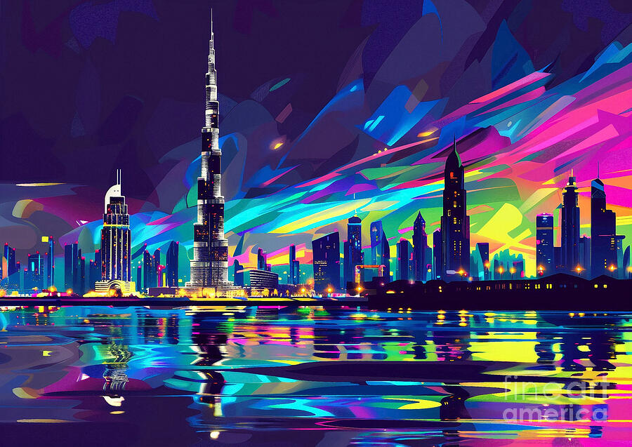 Dubais Burj Khalifa Piercing The Darkness Night With The Dark Its Lights Painting