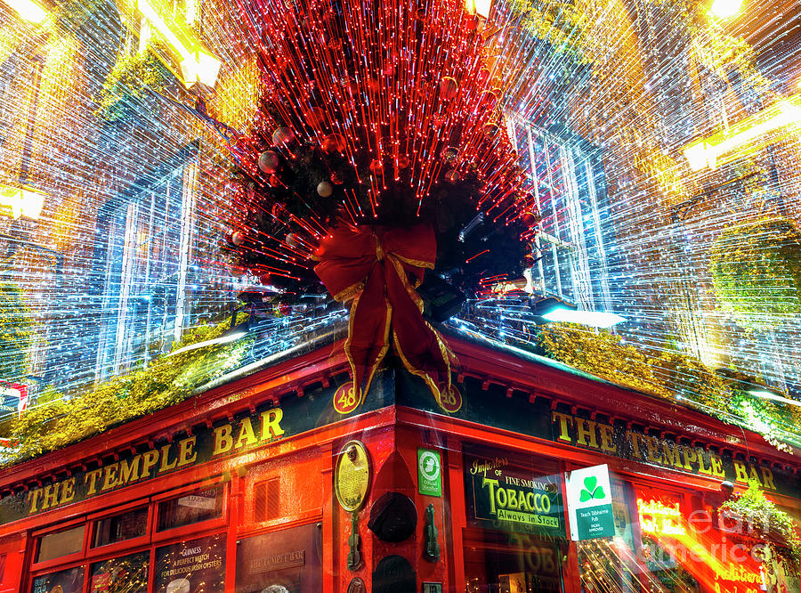Dublin Temple Bar Pub Christmas Tree Light Motion in Ireland Photograph by John Rizzuto
