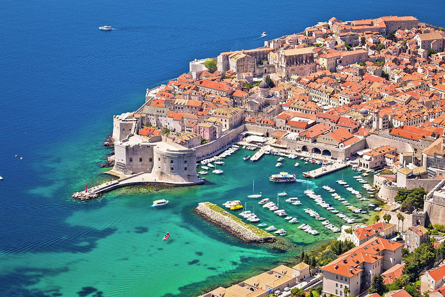 Dubrovnik. Aerial view of Dubrovnik historic harbor and defense ...