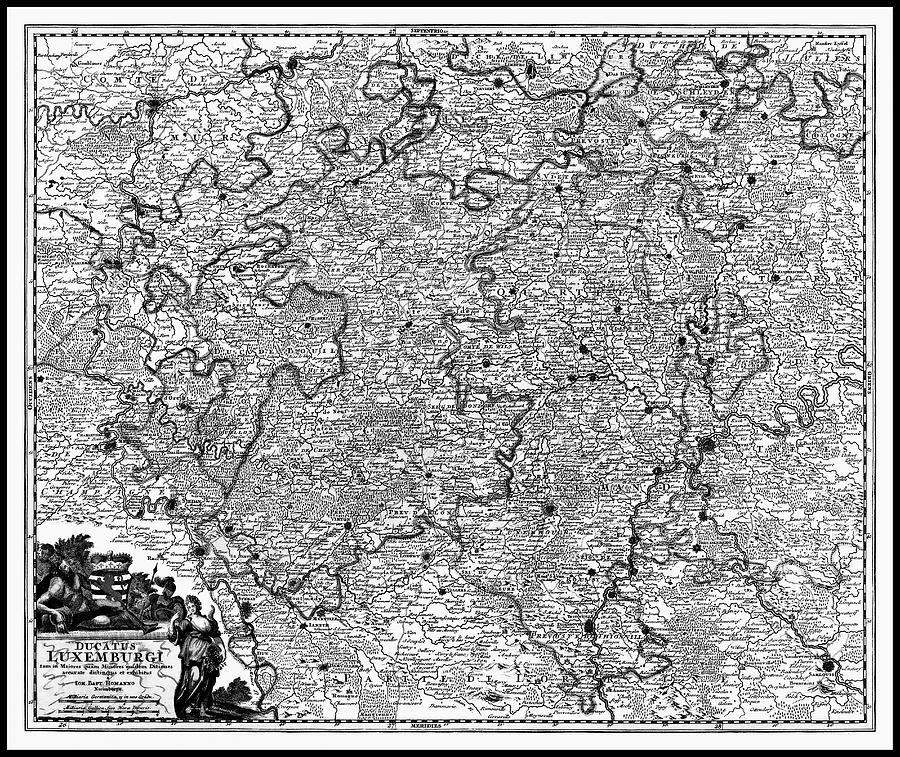 Vintage Photograph - Duchy of Luxembourg Vintage Historical Map 1724 Black and White  by Carol Japp