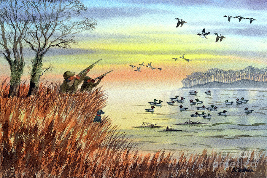 Winter Painting - Duck Hunting With Dad For Goldeneye by Bill Holkham