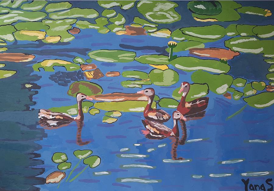 Ducks in a Pond with Water Lilies Painting by Yana Syskova - Pixels