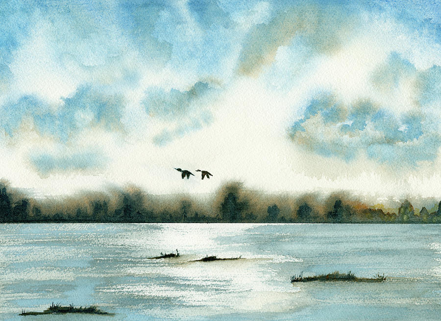 Ducks Take Flight At Twilight Painting by Deborah League