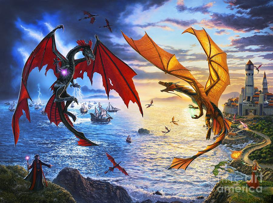 Dragon Painting - Duel of the Dragon Wizards by Stu Shepherd