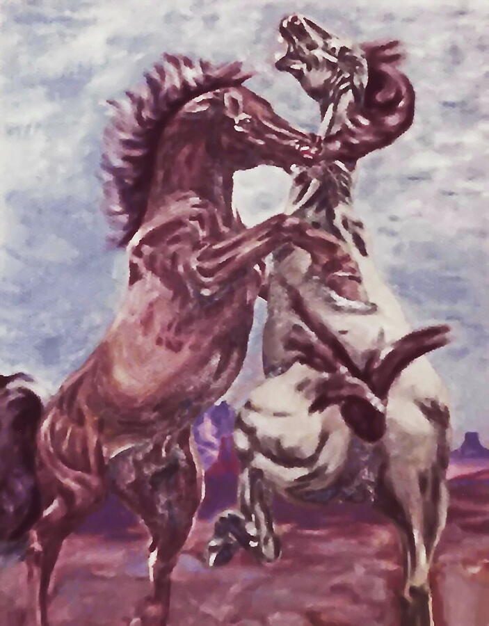 Dueling Stallions Painting by Barbara Keith