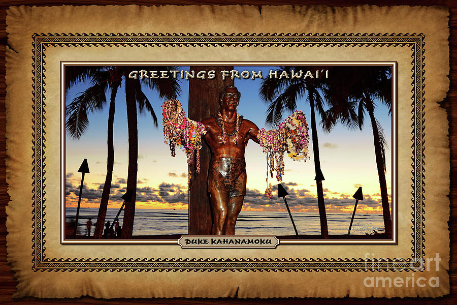 Duke Kahanamoku Statue at Dusk Hawaiian Style Postcard Photograph by Aloha Art