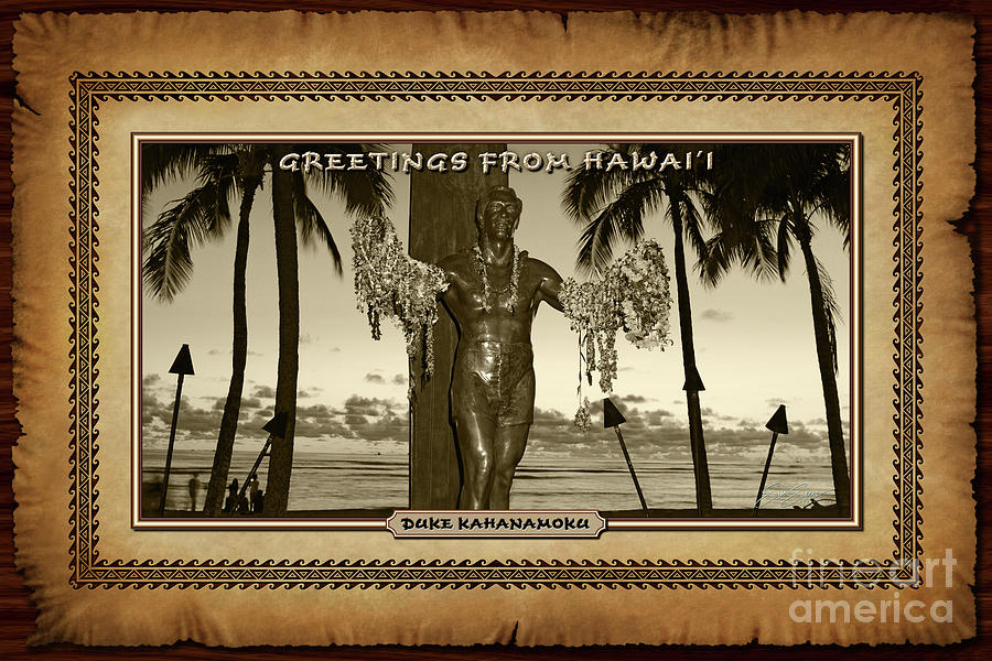 Duke Kahanamoku Statue at Dusk Vintage Hawaiian Style Postcard Photograph by Aloha Art
