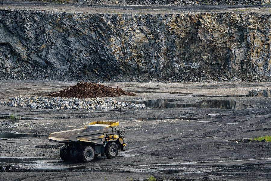 Dump Truck In Limestone Mining, Heavy Machinery. Mining In The Quarry 