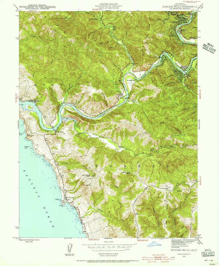Duncans Mills CA from 1943 Vintage Map High Quality Mixed Media by