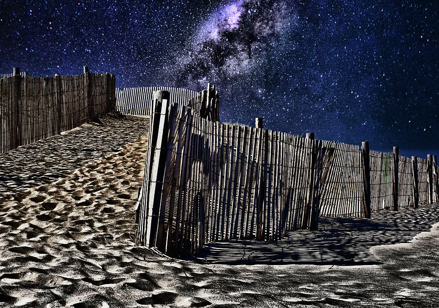 Dune fence, starry night. Delmarva seashore Photograph by Bill Jonscher