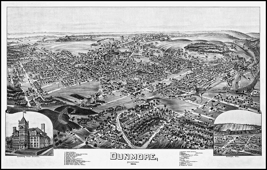 Pennsylvania Map Photograph - Dunmore Pennsylvania Vintage Map Birds Eye View 1892 Black and White by Carol Japp