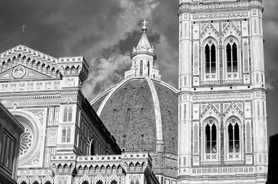 Duomo di Firenze and Giottos Bell Tower Florence Italy Black and White Photograph by Shawn OBrien