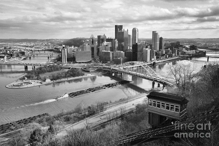 Duquesne Inclune And A Coal Barge Black And White Photograph by Adam Jewell
