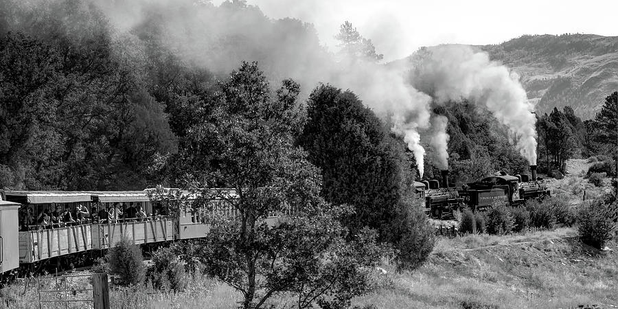 Durango Colorado Train Blowing Smoke - Panoramic Monochrome Format Photograph by Gregory Ballos