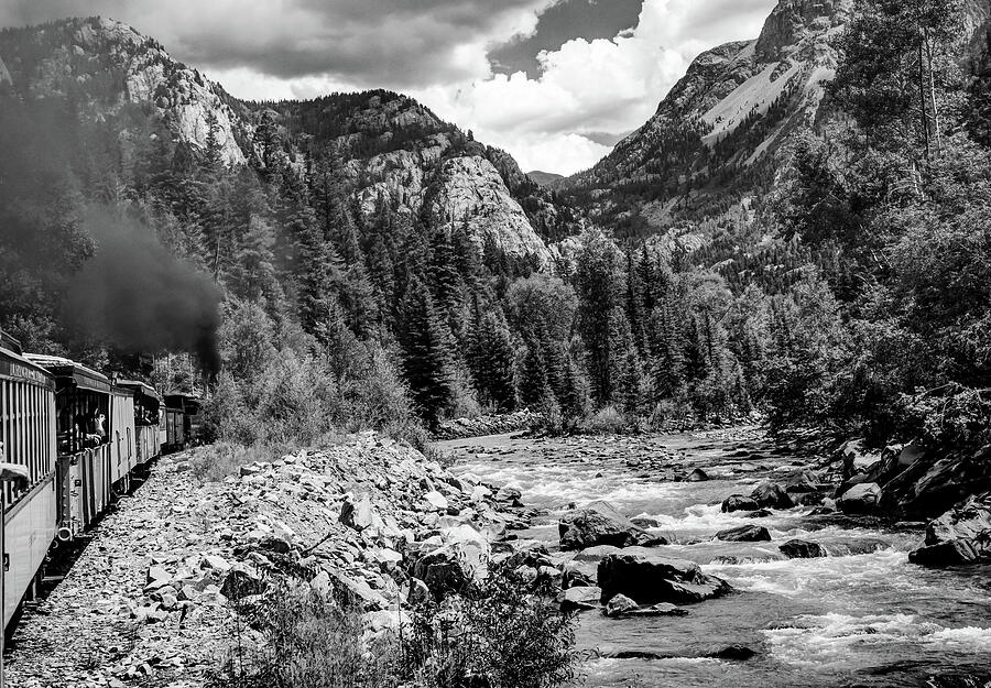 Black And White Photograph - Durango Silverton Train Through the Colorado San Juan Mountains - Black and White by Gregory Ballos