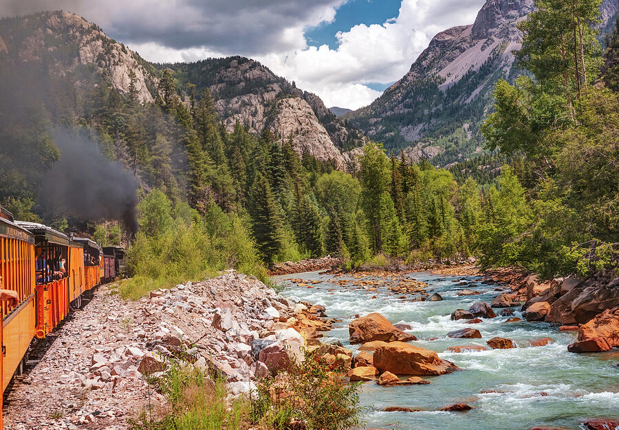 Durango Train Photograph - Durango Train Along the Animas River and San Juan Mountains by Gregory Ballos