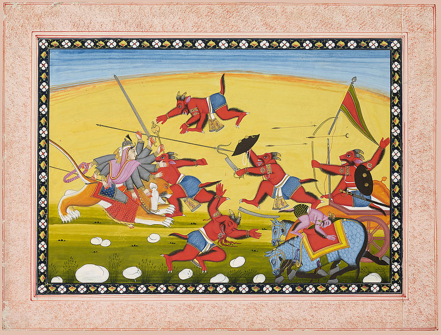 Durga riding a tiger in battle with demons Painting by Anonymous