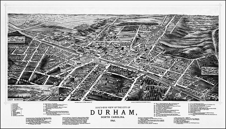 Durham North Carolina Vintage Map Birds Eye View 1891 Black and White Photograph by Carol Japp