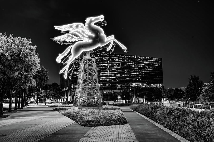 Dallas Skyline Photograph - Dusk At The Neon Pegasus - Dallas Texas Monochrome by Gregory Ballos