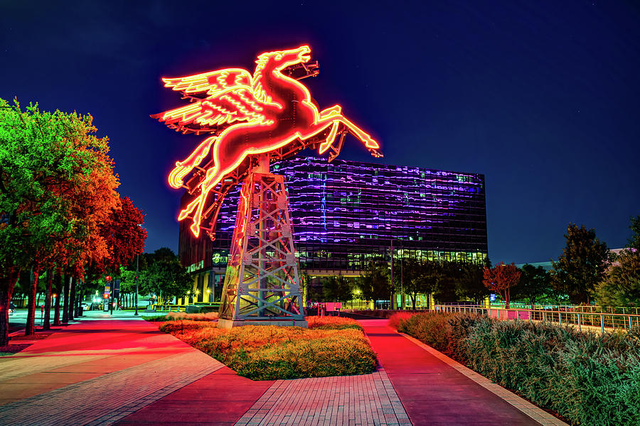 Dallas Skyline Photograph - Dusk At The Red Neon Pegasus - Dallas Texas by Gregory Ballos