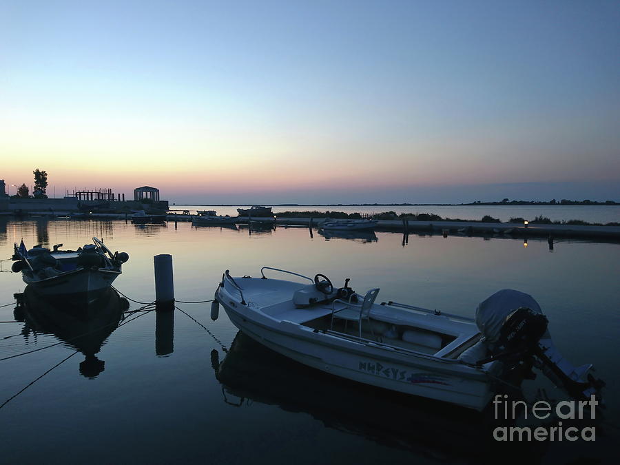 Greek Photograph - Dusk by the lagoon with boats, Lefkada by Paul Boizot