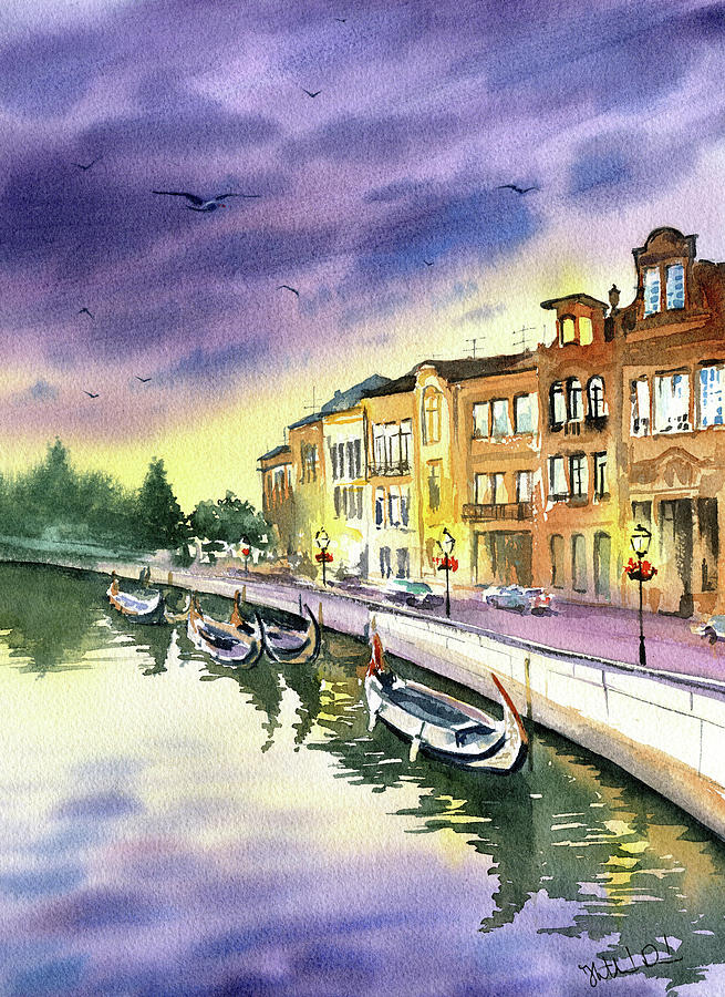 Dusk In Aveiro Portugal Painting Painting by Dora Hathazi Mendes