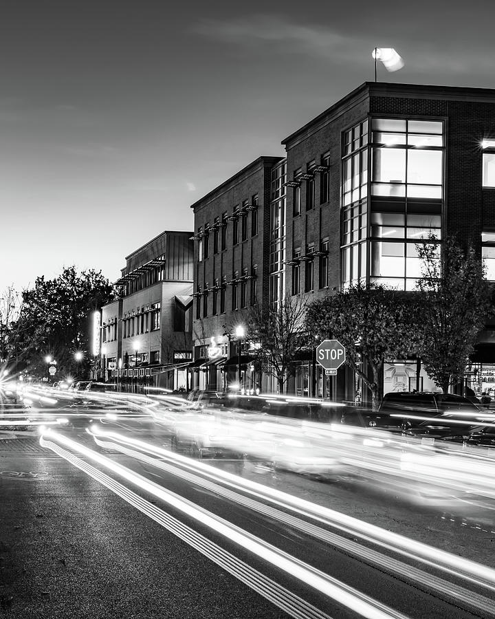 Dusk Light Trails Along The Bentonville Skyline - Black and White Photograph by Gregory Ballos