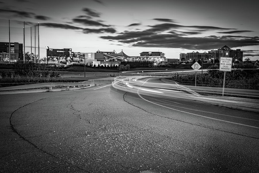 Dusk Light Trails And Pinnacle Hills Skyline In Black And White - Rogers Arkansas Photograph by Gregory Ballos