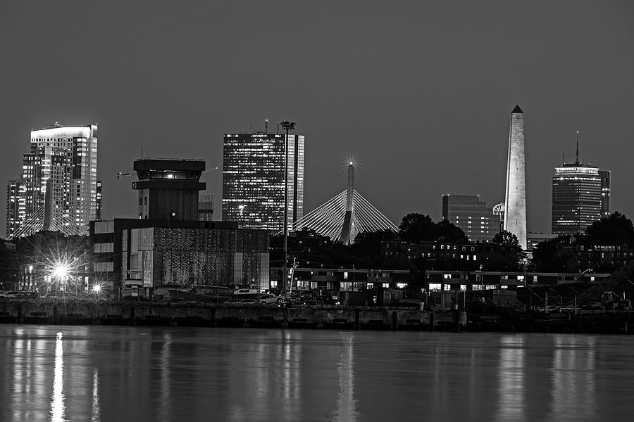 Dusk on Boston Charlestown and the Bunker Hill Monument Massachusetts Black and White Photograph by Toby McGuire
