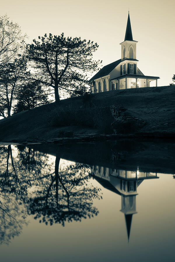 Dusk Reflections Of The Garden Chapel In Sepia - Ridgedale Missouri Photograph by Gregory Ballos