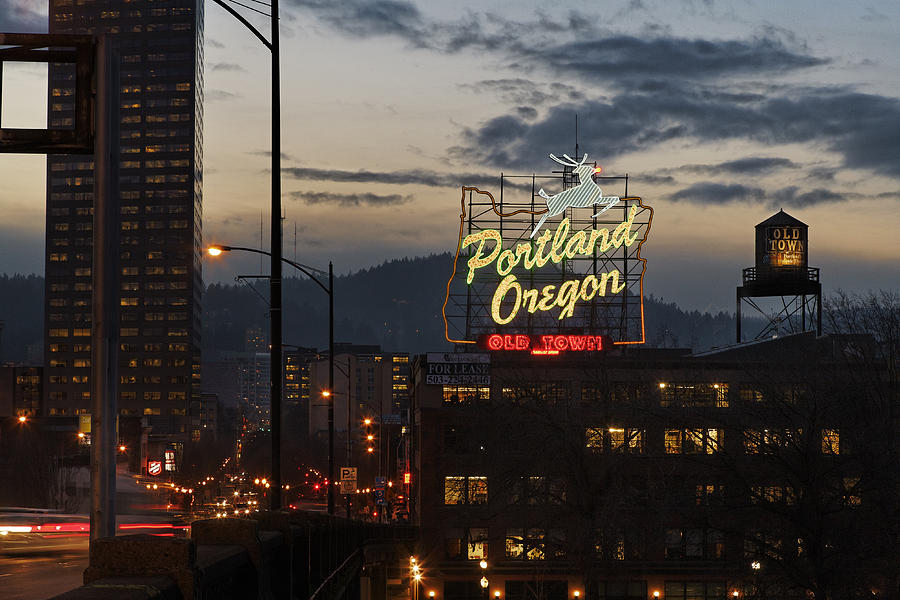 Dusk shot of Portland Oregon neon sign, city Photograph by David Papazian