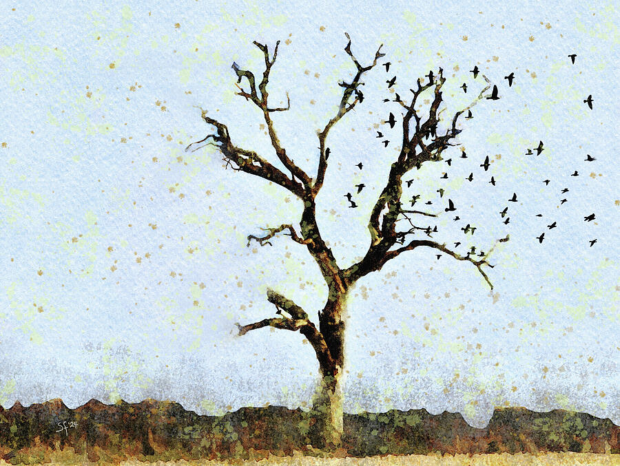 Dust Storm Tree with Flock of Birds Watercolor Landscape  Mixed Media by Shelli Fitzpatrick