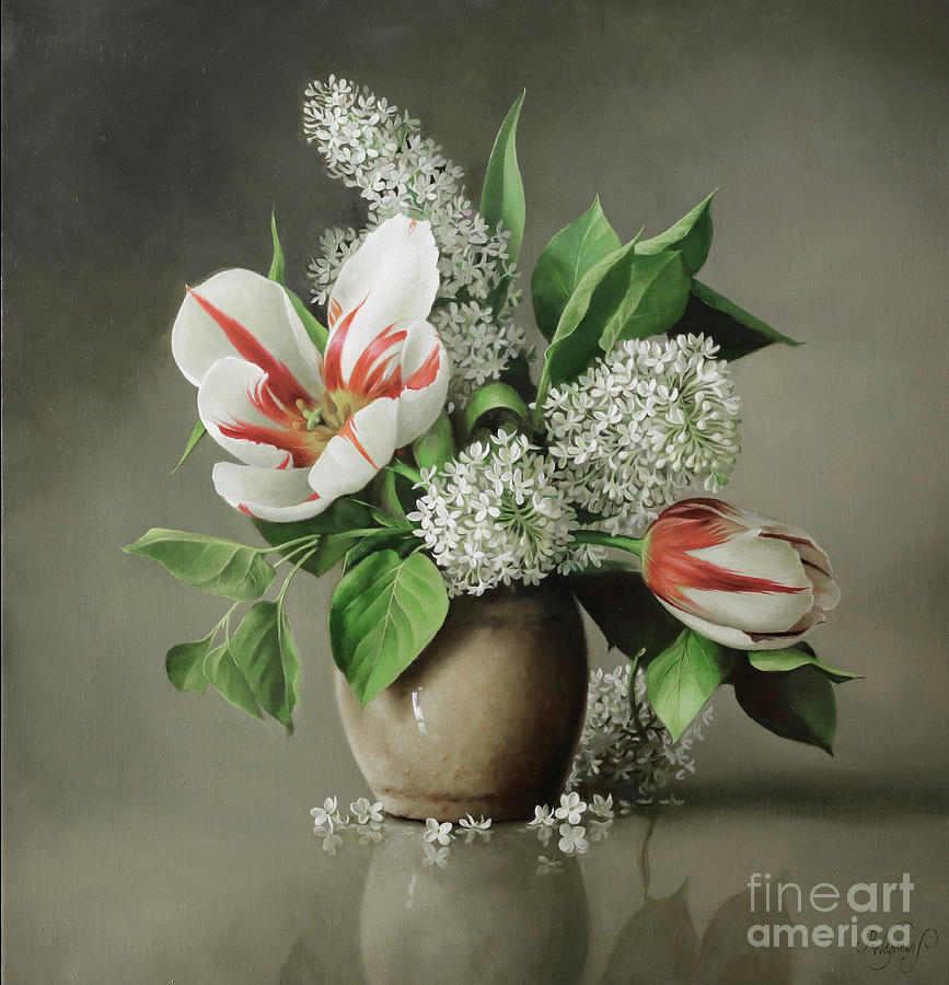 Tulip Painting - Dutch Flamed Tulip And Seringa by Pieter Wagemans