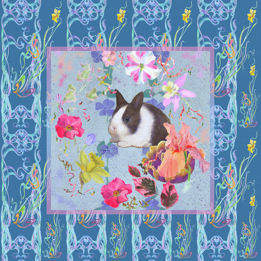 Dutch Rabbit on Classic Blue with Rose Mallow Border Mixed Media by Nancy Lee Moran