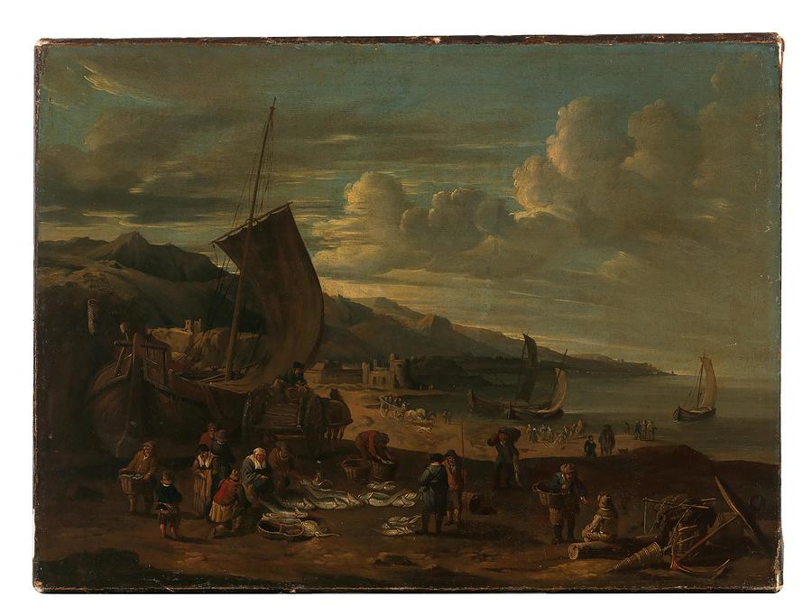 Dutch School Century A Mediterranean harbour scene with a fish market Painting by MotionAge Designs