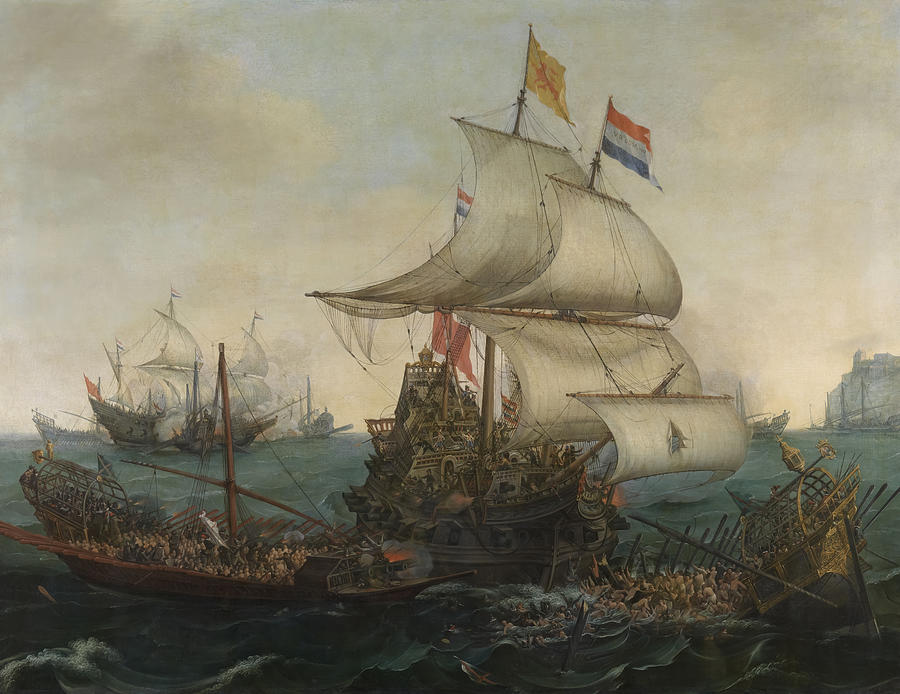 Rembrandt Painting - Dutch ships ramming Spanish galleys off the English coast by Hendrick Cornelisz Vroom