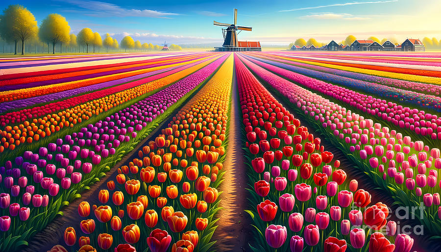 Spring Digital Art - Dutch Tulip Fields, Brightly colored tulip fields in the Netherlands by Jeff Creation
