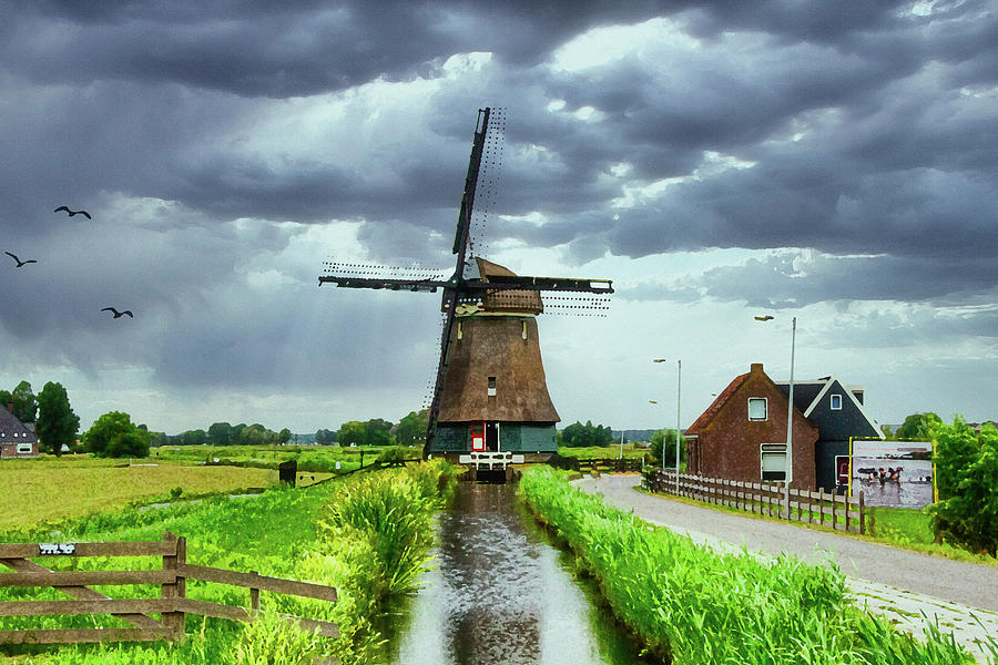 Dutch Windmill, Dry Brush on Sandstone Digital Art by Ron Long Ltd Photography