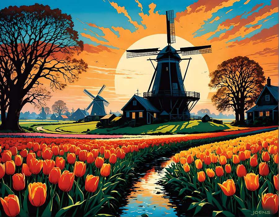 Sunset Digital Art - Dutch Windmill by Greg Joens Sunset Digital Art - Dutch Windmill by Greg Joens