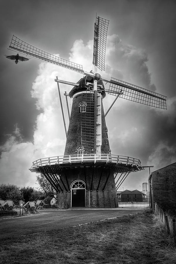 Dutch Windmill in the Countryside Black and White Photograph by Debra and Dave Vanderlaan