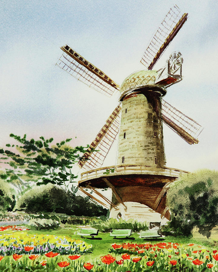Dutch Windmill Red Poppies In Golden Gate Park Watercolor  Painting by Irina Sztukowski