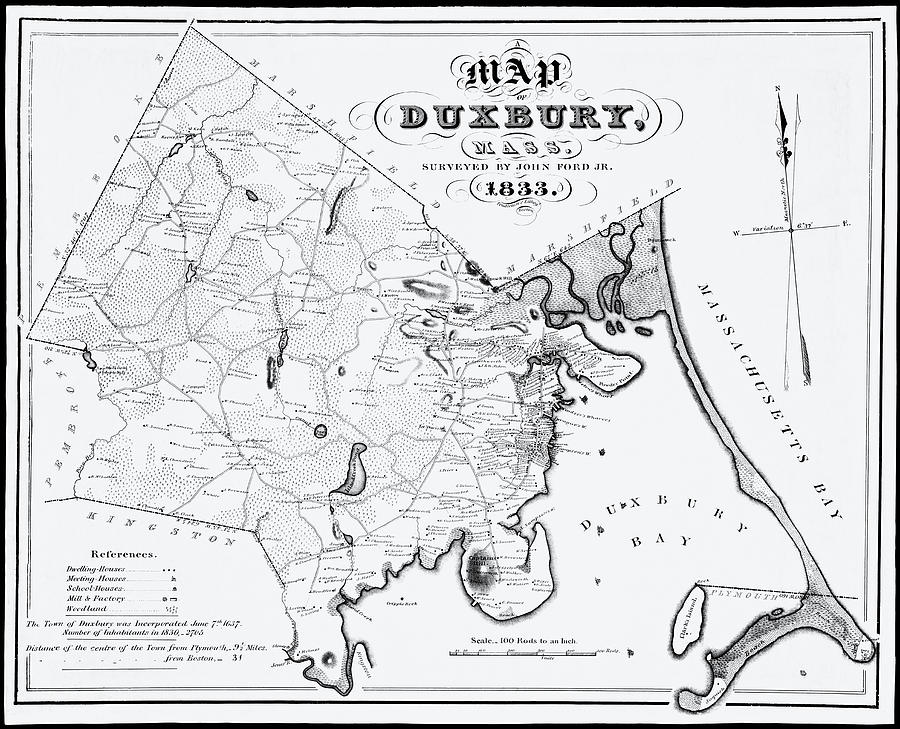 Vintage Photograph - Duxbury Massachusetts Historical Map 1833 Black and White  by Carol Japp